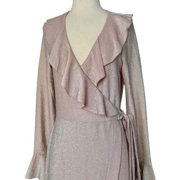 FREE PEOPLE One More Time Lurex Wrap Midi Dress Shimmery Sparkly Metallic Sz M - Picture 4 of 11